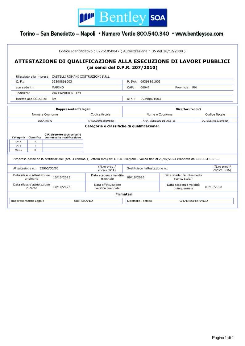 Attestazione di qualificazione alla esecuzione di lavori pubblici